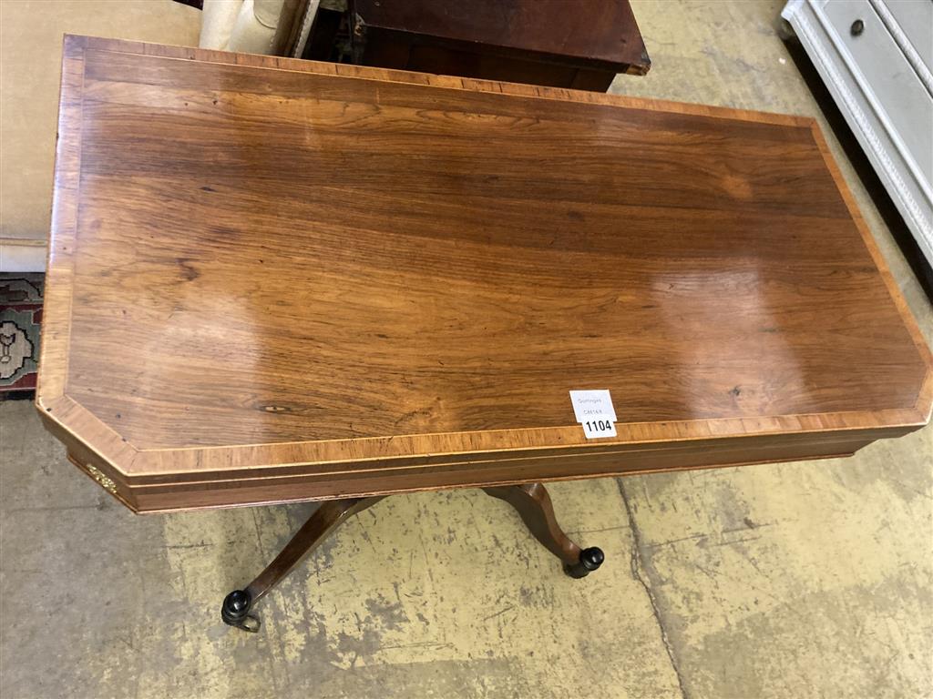 A Regency banded rosewood folding card table, width 91cm depth 45cm height 75cm